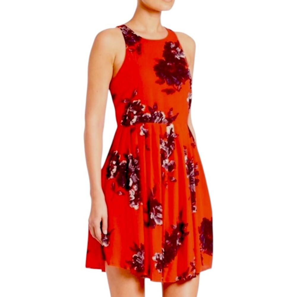 Free People Aline Mini Dress Pockets Halter Neck Red Black Floral Women’s Size 6
